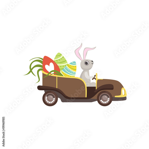 Cute bunny driving vintage car decorated with Easter eggs  funny rabbit character  Happy Easter concept cartoon vector Illustration