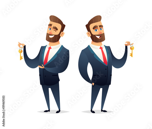 Successful beard businessman character hold a key of car, house or apartment. Business concept illustration