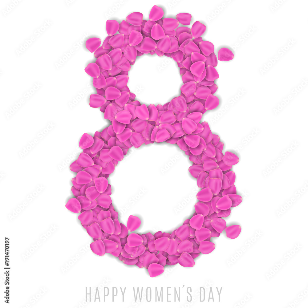 Greeting card for 8 March on white background. Figure 8 of pink rose petals. luxurious brochure for Happy Womens Day. Vector illustration