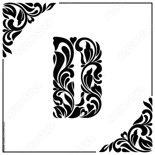 The letter D. Decorative Font with swirls and floral elements. Vintage style