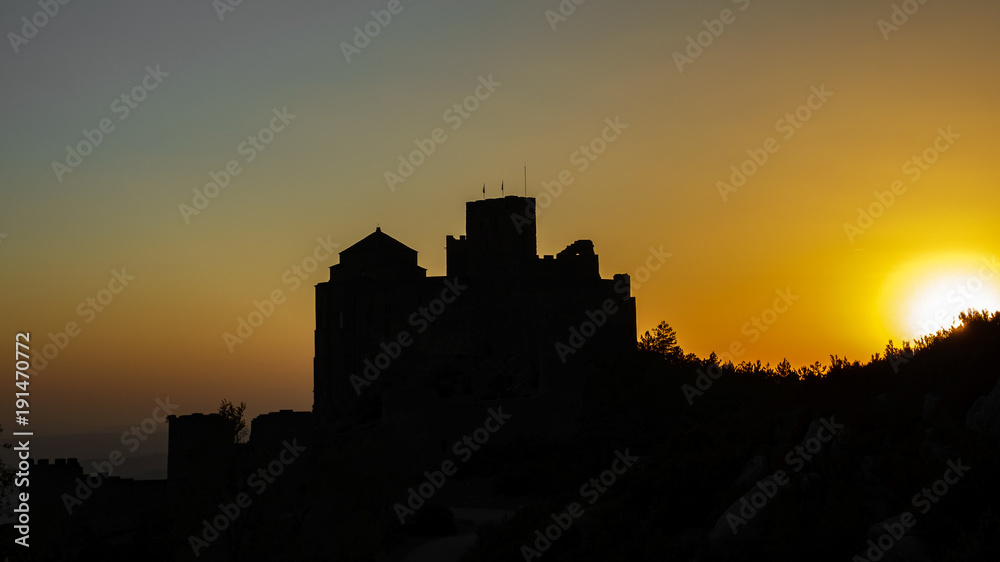 Medieval castle of Loarre at sunset, high contrast