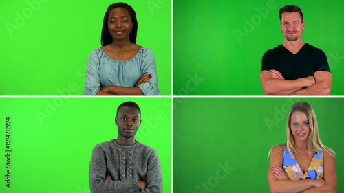 4K compilation (montage) - four people fold their arms across their chests and smile at the camera - green screen photo