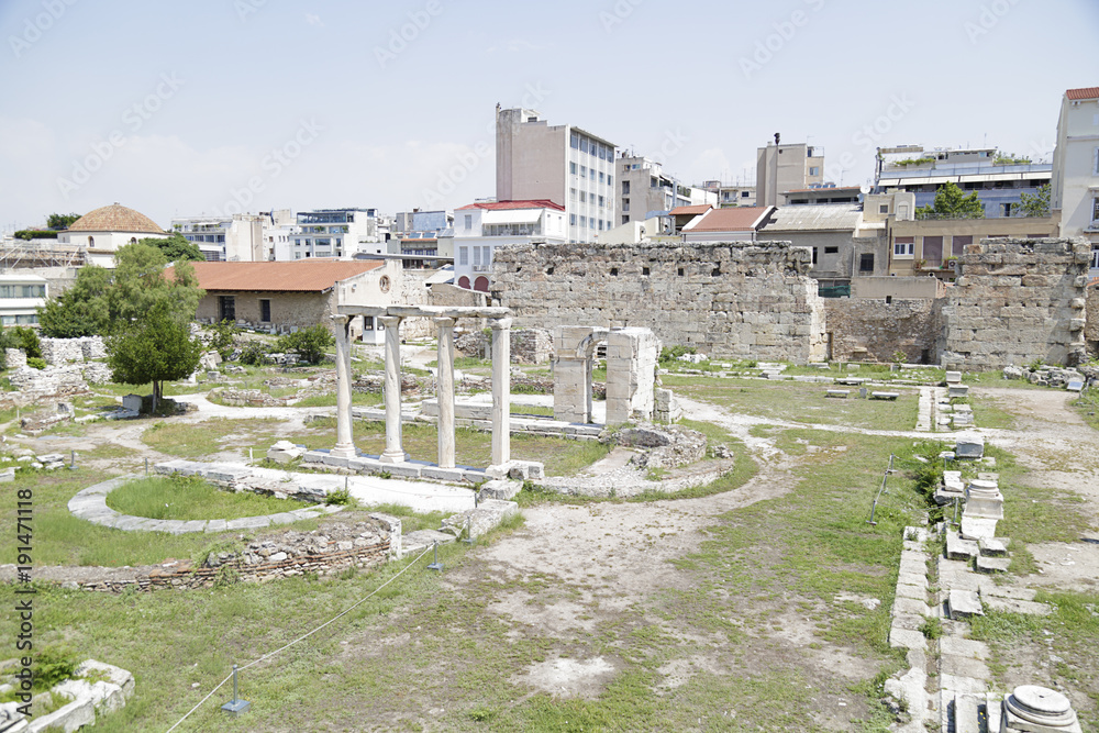 Remains of Hadrian's Library in the old town of Athens, Greece