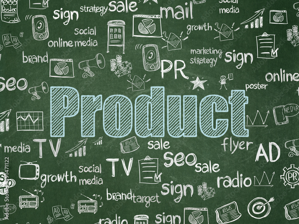 Marketing concept: Chalk Blue text Product on School board background with Hand Drawn Marketing Icons, School Board Marketing concept: Chalk Blue text Product on School board background with Hand Drawn Marketing Icons, School Board