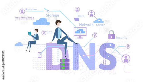 DNS concept, Domain Name System. Decentralized naming system for computers, devices, services, or other resources. Vector illustration in flat style, isolated on white background. photo