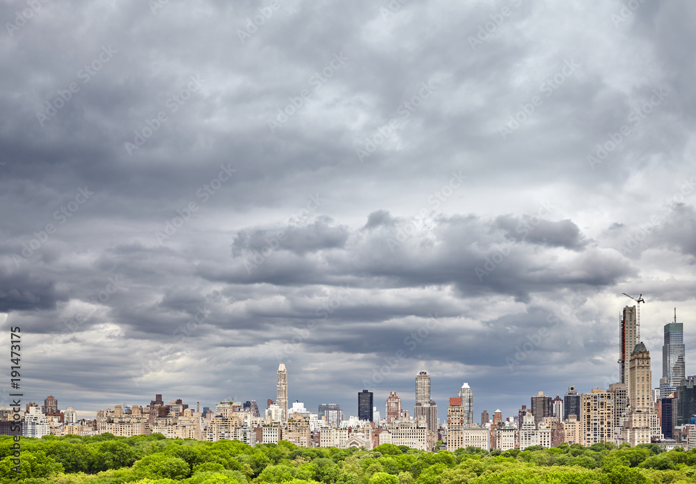 Stormy sky over the Central Park and Manhattan skyline, New York, USA.