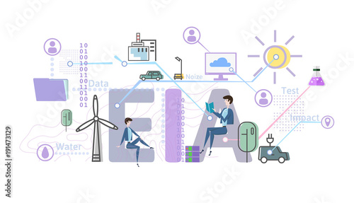Environmental impact assessment, EIA. Assessment of the environmental consequences. Concept vector illustration in flat style, isolated on white background.