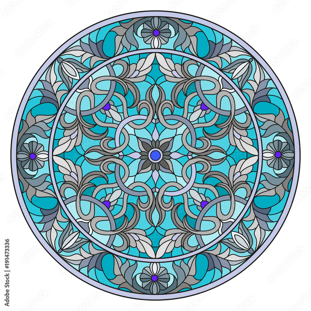 Illustration in stained glass style, round mirror image with floral ornaments and swirls