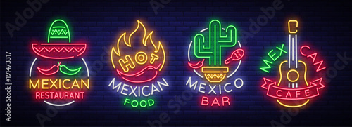 Mexican food is a collection of neon signs. Bright glow sign, neon banner, luminous logo, symbol, nightly advertisement of Mexican food. Design template for restaurant, bar, cafe. Vector illustration