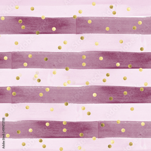 Seamless Pattern in watercolor effect - horizontal stripes in pink and purple with gold confetti