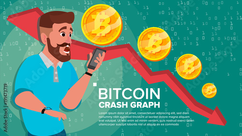 Bitcoin Crash Graph Vector. Surprised Investor. Negative Growth Exchange Trading. Collapse Of Crypto Currency. Bitcoin Crypto Currency Market Concept. Annoyance, Panic. Flat Cartoon Illustration