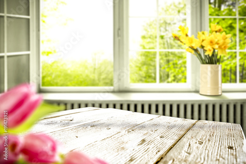 spring background of desk and window 