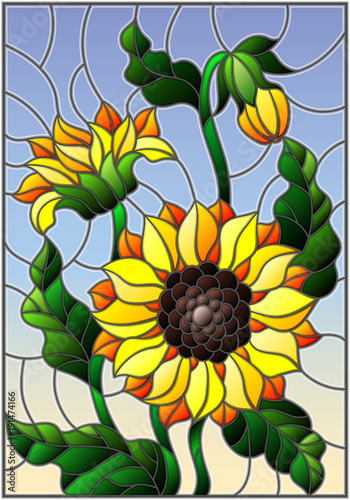 Illustration in stained glass style with a bouquet of sunflowers, flowers,buds and leaves of the flower on sky background