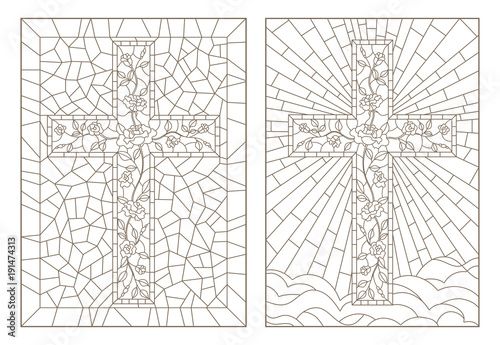 Set of outline illustrations of stained glass Windows with Christian crosses decorated with roses, dark outlines on white background