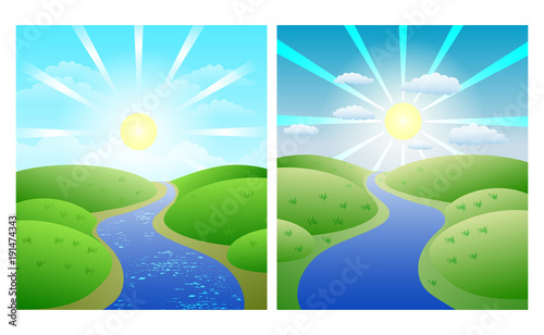 Set of illustrations with simple summer landscapes, winding river against green shores and Sunny sky