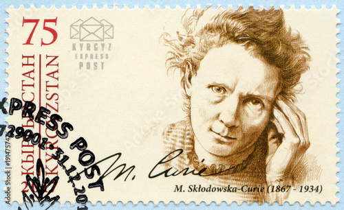 KYRGYZSTAN - 2017: shows Marie Sklodowska Curie (1867-1934), physicist and chemist, series Eminent personalities