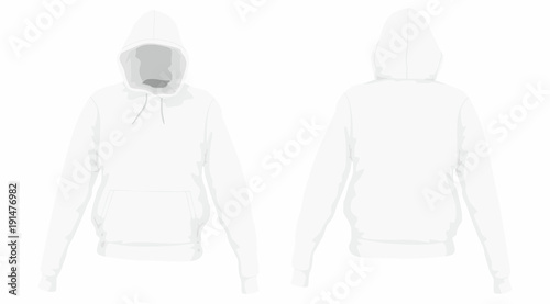 Men's white hoodie. Front and back views on white background