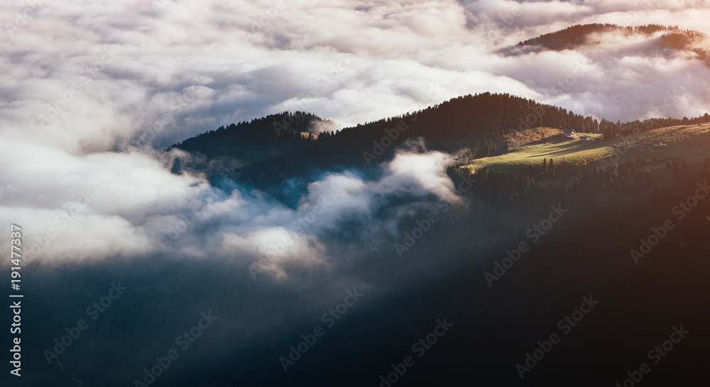Aerial view of the alpine valley. Location place National Park Gardena, Italy, Europe.