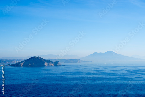 Scenic view across the Bay of Naples, Italy with a view of Mount Vesuvius in the background