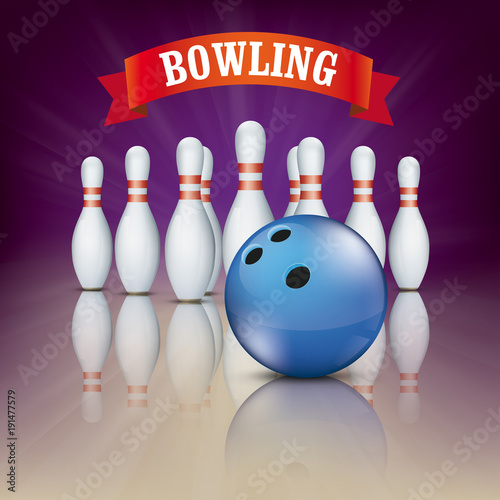 Purple Bowling Blue Ball Pin Deck Pins Red Ribbon
