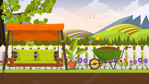 Beautiful vector art flower bed in garden with swing bed. Landscape background.