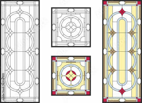 Abstract geometric floral pattern in a rectangular and square frame / Colorful stained glass window in classic style for ceiling or door panels, Tiffany technique. Vector set photo