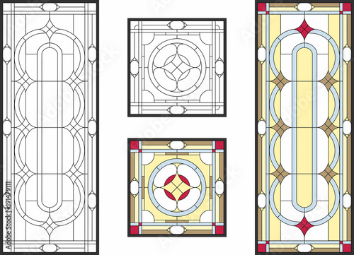 Abstract geometric floral pattern in a rectangular and square frame / Colorful stained glass window in classic style for ceiling or door panels, Tiffany technique. Vector set