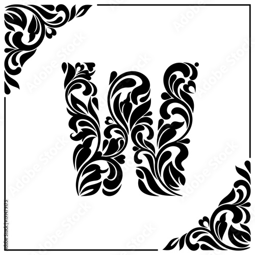 The letter W. Decorative Font with swirls and floral elements. Vintage style