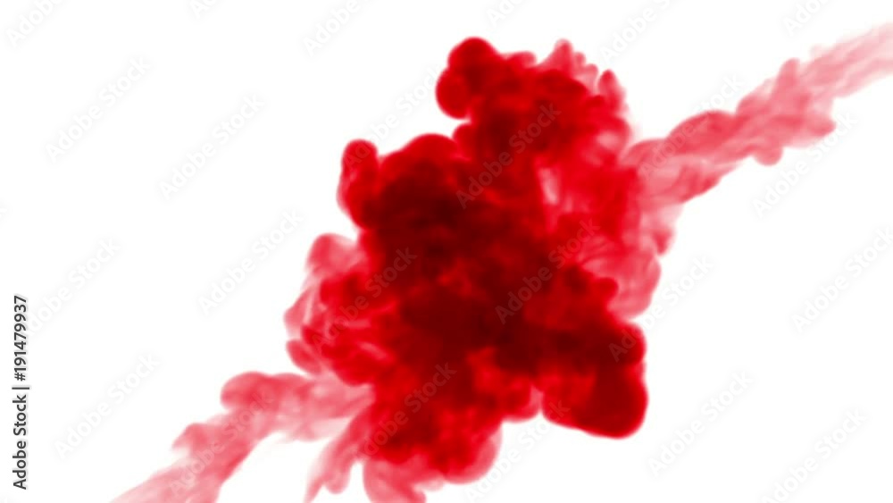 two streams of red ink spread in the water towards each other, on a