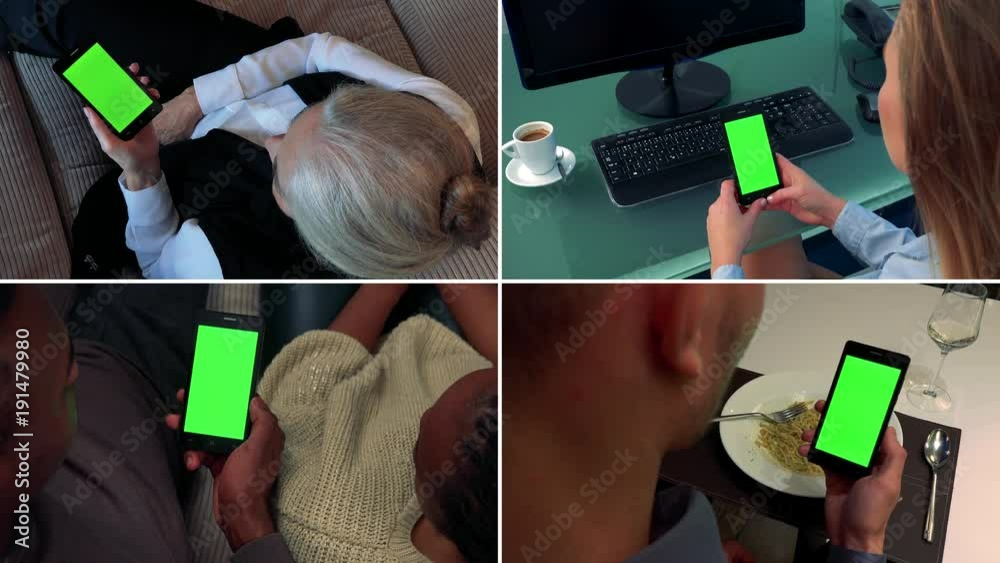 4K compilation (montage) - group of people look at smartphones with green screen in four various environments - closeup