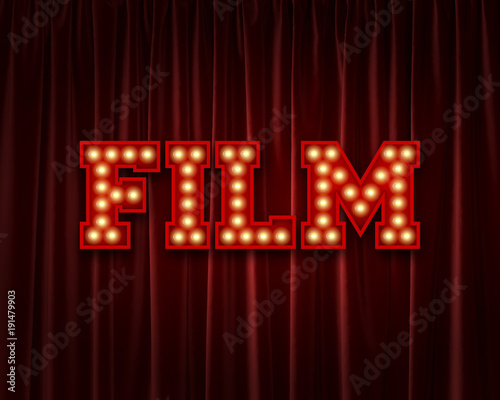 Film lightbulb lettering word against a red theatre curtain. 3D Rendering