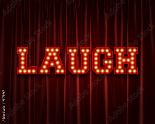 Laugh lightbulb lettering word against a red theatre curtain. 3D Rendering