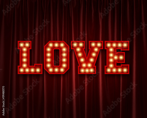 Love lightbulb lettering word against a red theatre curtain. 3D Rendering