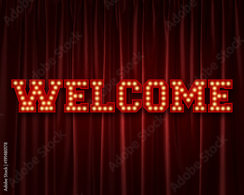 Welcome lightbulb lettering word against a red theatre curtain. 3D Rendering
