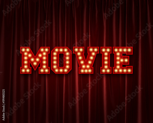 Movie lightbulb lettering word against a red theatre curtain. 3D Rendering