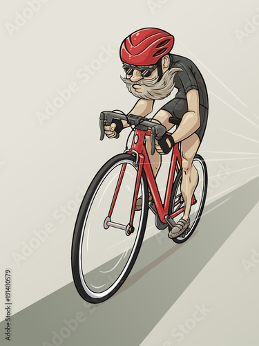 Cartoon bearded cyclist rides a bicycle