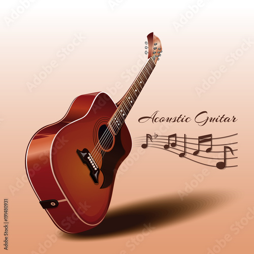 Wooden acoustic guitar and music notes. Musical instrument. Music concept design. Realistic vector illustration isolated on a beige background