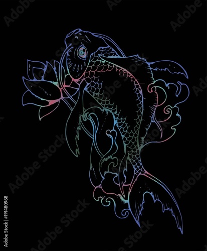 llustration of Japanese carp. Colorful neon drawing.