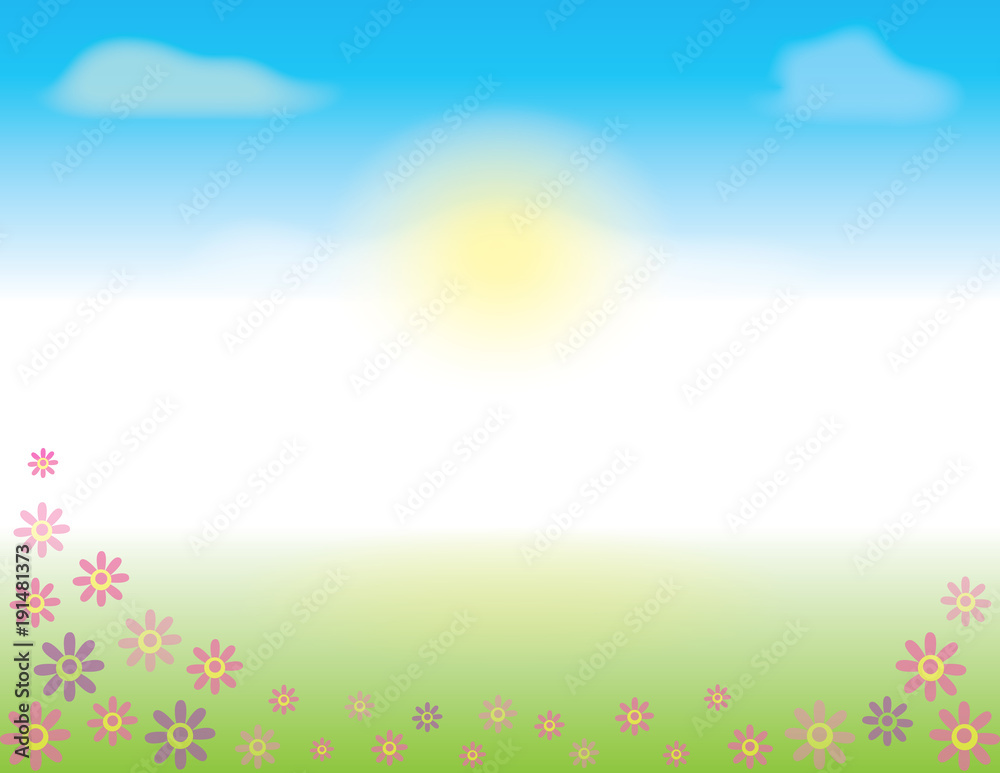 Spring or Summer Scene with blue skies and flowers in the grass