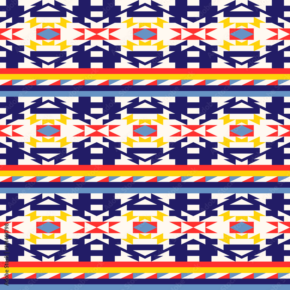 Ethnic horizontal vector pattern. Seamless navajo triangular design. Neon colors tribal textile print. American Indian background. Ethnic horizontal vector pattern. Seamless navajo triangular design. Neon colors tribal textile print. American Indian background.
