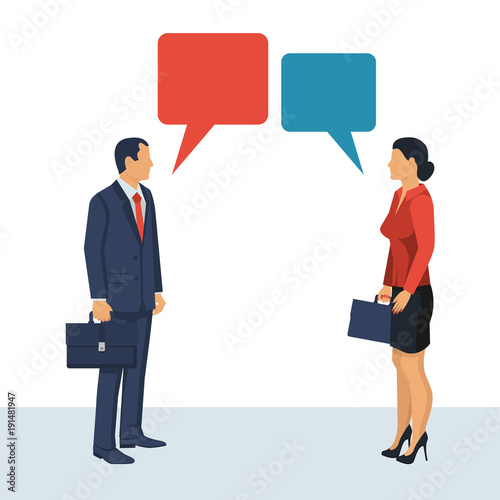 Dialogue of business people. Communication man and woman. Conversation  businessman and businesswoman. Template of bubbles for text. Vector illustration flat design. Isolated on white background. 