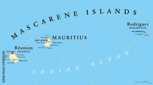 Mascarene Islands political map with capitals, consisting of Mauritius, Reunion and Rodrigues. Mascarenhas Archipelago, a group of islands in the Indian Ocean. English labeling. Illustration. Vector.