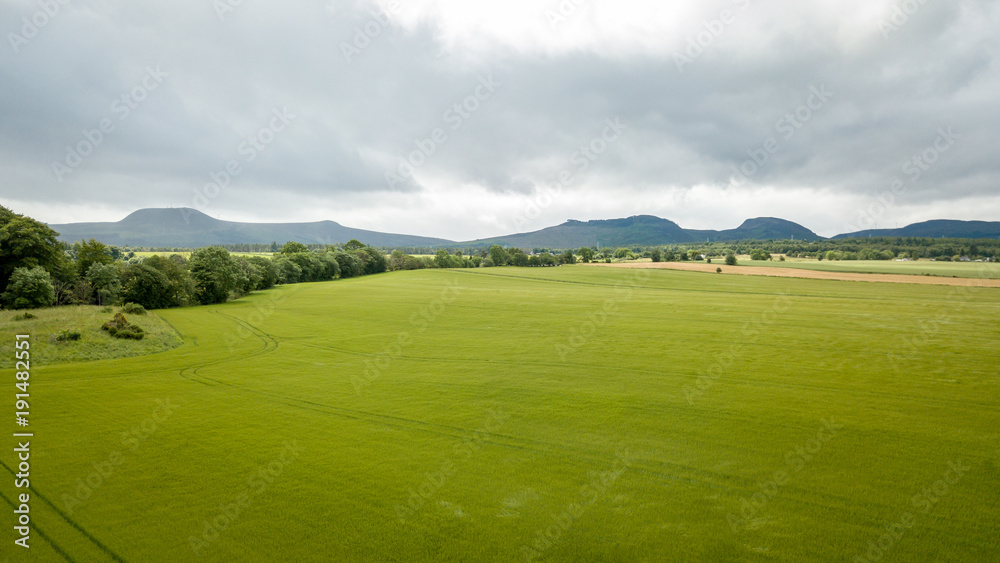 Young green wheat, Scottish Highlands. An aerial view over the green and fertile plains of the lowlands of Scotland on a typically overcast day. Young green wheat, Scottish Highlands. An aerial view over the green and fertile plains of the lowlands of Scotland on a typically overcast day.