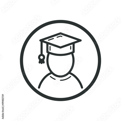 Black and white linear icon of a graduate student