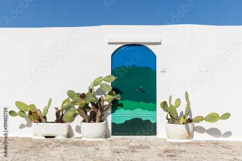 Mediterranean scene: green and blue handpainted door and cactus plants, white wall typical of the houses in the small village of Ostuni, Apulia (Italy). Sunny day.