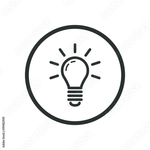 Black and white line art light bulb icon in a round frame