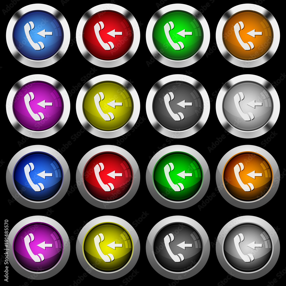 Incoming phone call white icons in round glossy buttons on black background Incoming phone call white icons in round glossy buttons on black background