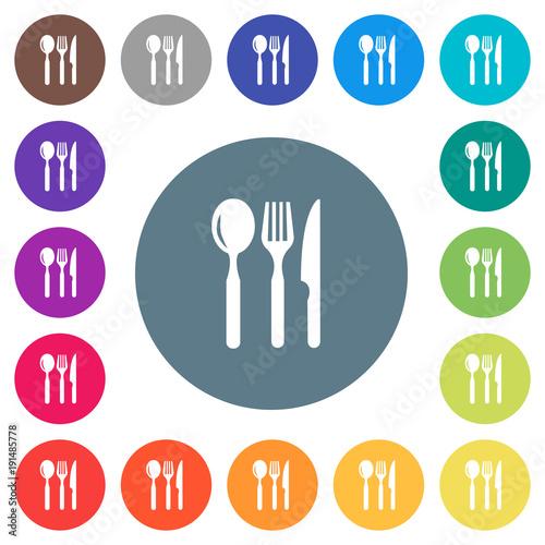 Restaurant flat white icons on round color backgrounds