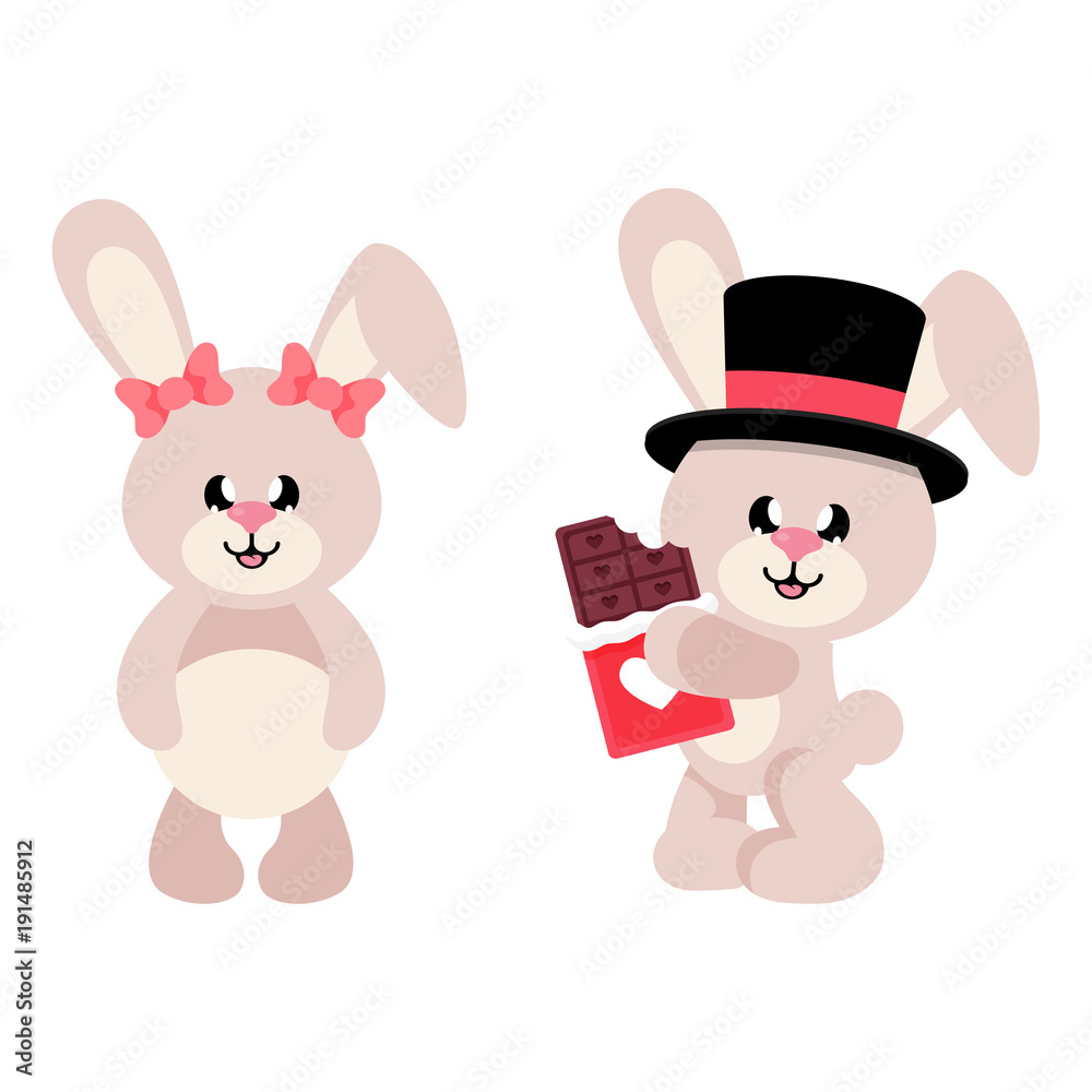 cartoon cute bunny in hat and chocolate with bunny girl set
