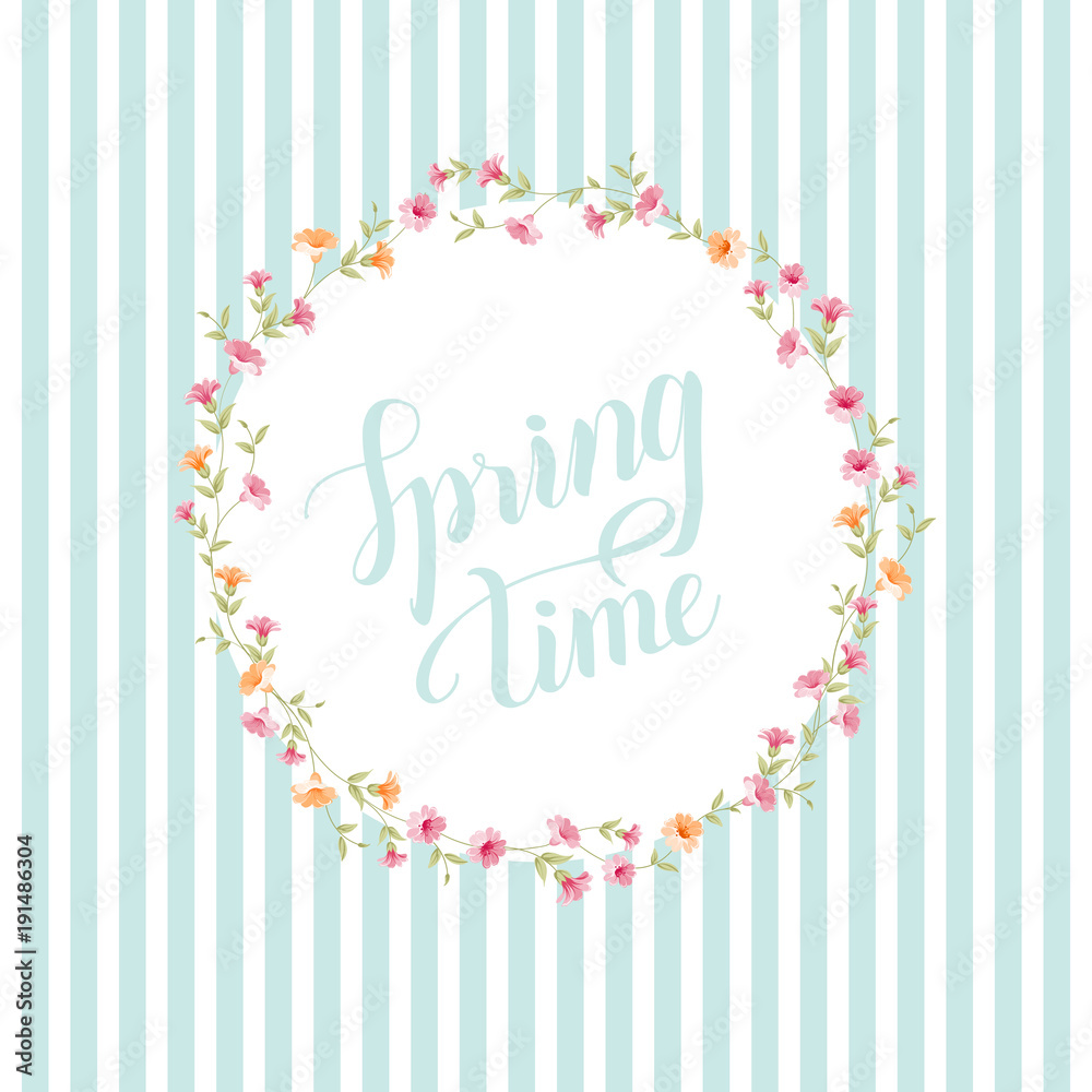 Spring time concept of card with blooming flowers isolated over blue tile background. Vector illustration.